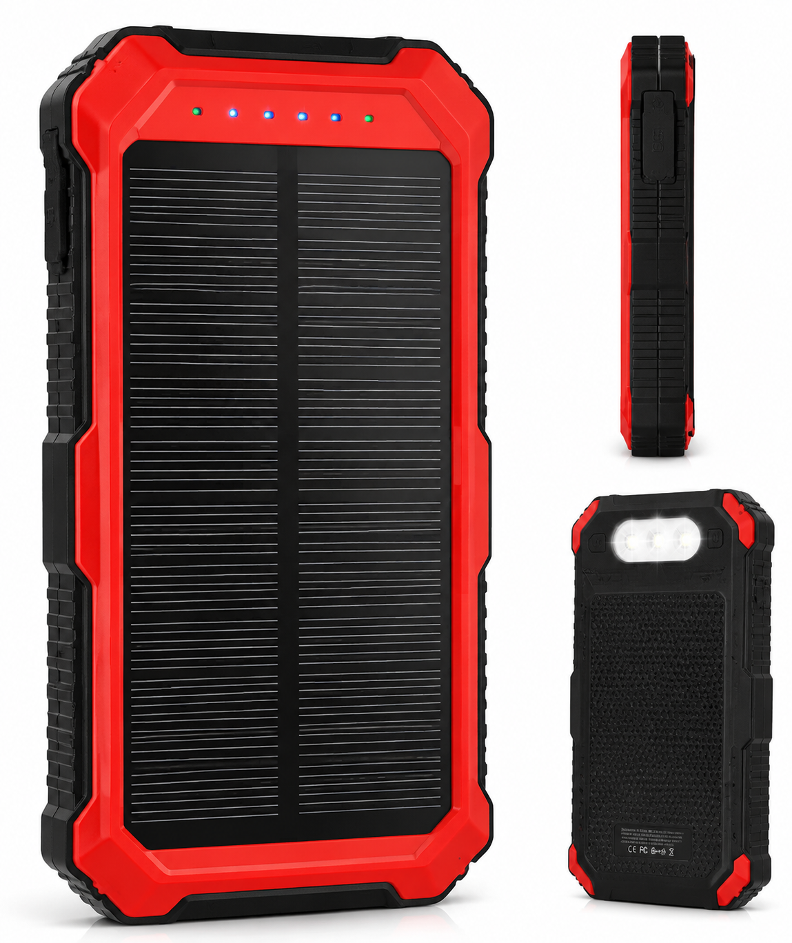 20000mAh Solar Power Bank | Fast Charging Portable Charger with LED Flashlight | Waterproof Outdoor Battery Pack (Red & Black)